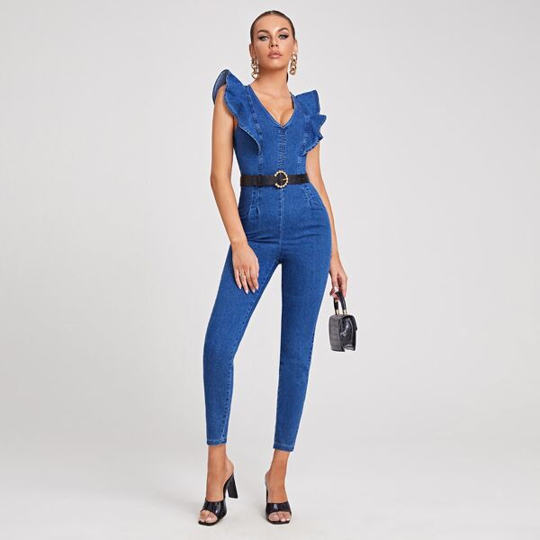 

Ruffle Trim Zip Back Denim Jumpsuit Without Belt, Medium wash