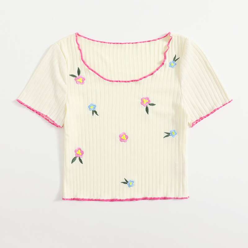 

Flower Embroidery Ribbed Ringer Tee, Multicolor
