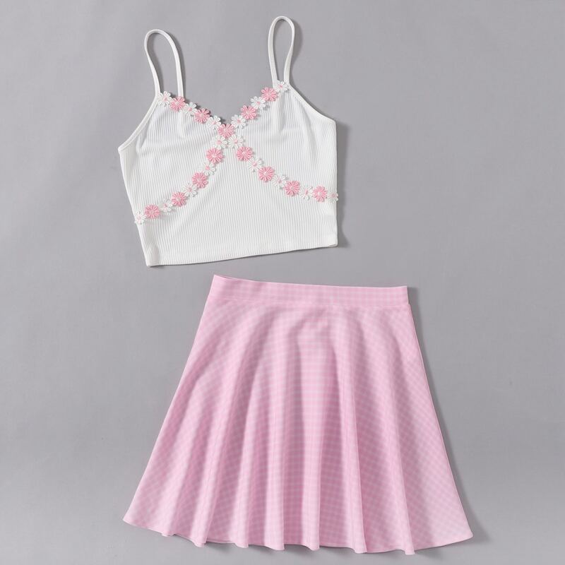 

Flower Decor Crop Cami & Plaid Skirt, Multicolor