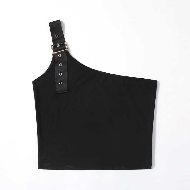 

Grommet-Strap One Shoulder Crop Top, Black