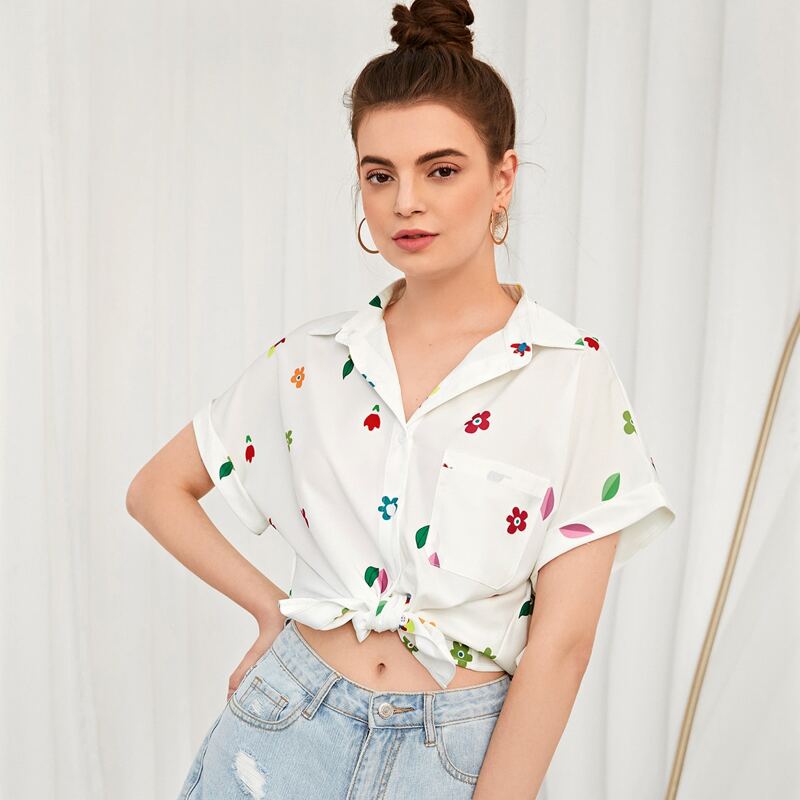 

Floral Button Up Pocket Blouse, White