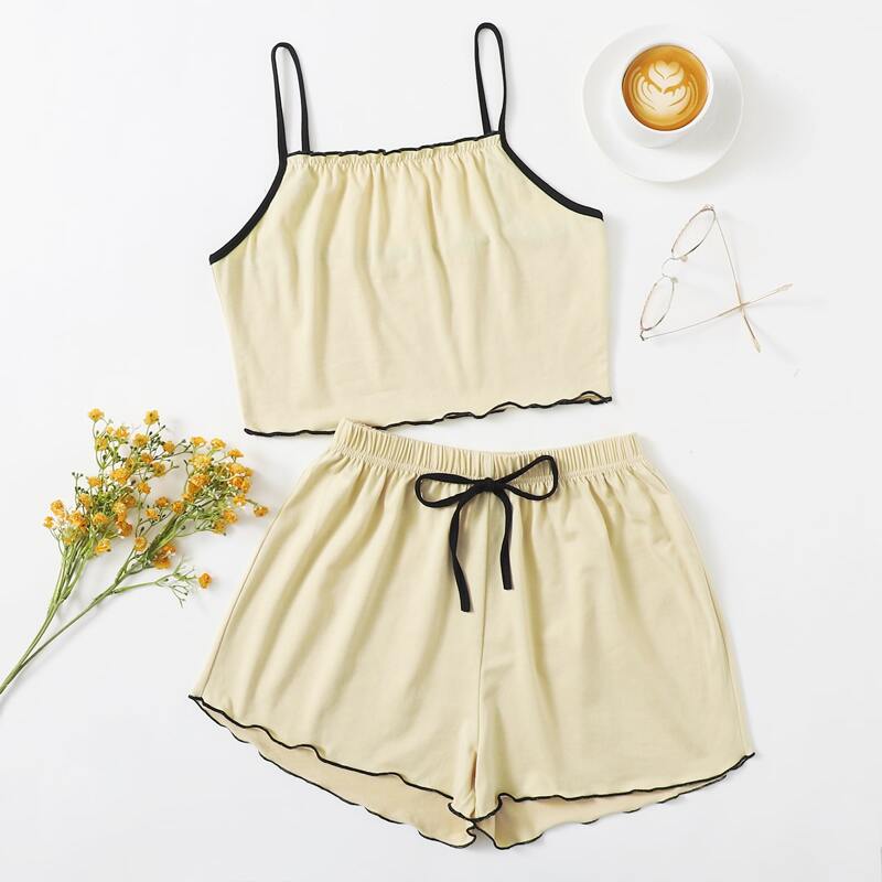 

Contrast Binding Tie Front PJ Set, Apricot