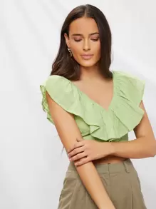 SHEIN VCAY 雙V領荷葉邊細節短版上衣 - 青檸色 - 查看 2