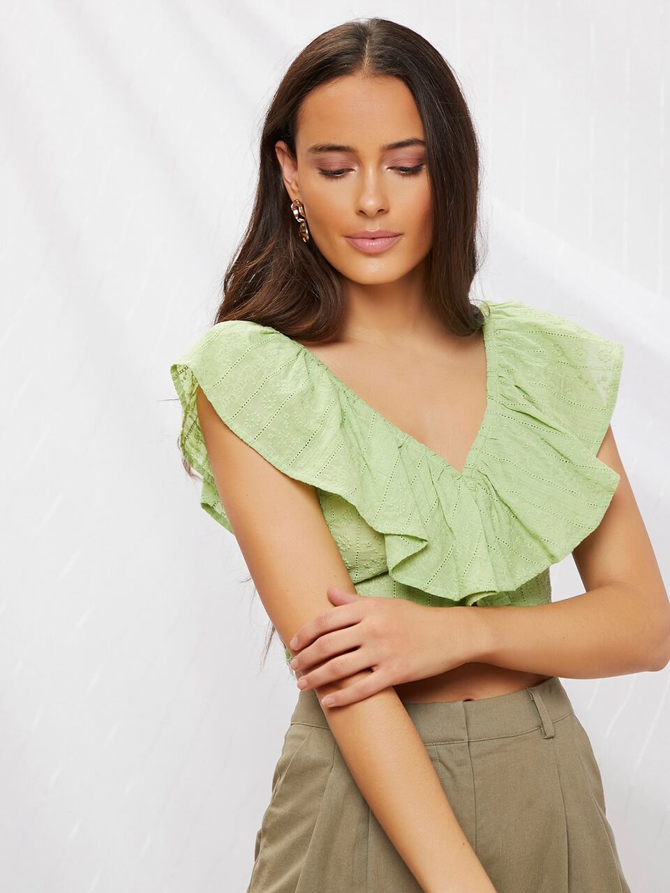 Double V-neck Ruffle Detail Crop Top