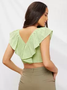 SHEIN VCAY 雙V領荷葉邊細節短版上衣 - 青檸色 - 查看 3