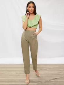 SHEIN VCAY 雙V領荷葉邊細節短版上衣 - 青檸色 - 查看 5