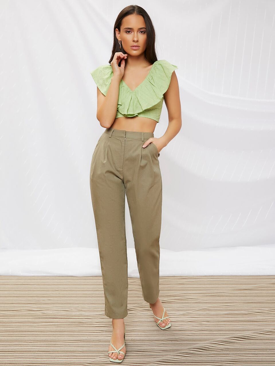 Double V-neck Ruffle Detail Crop Top