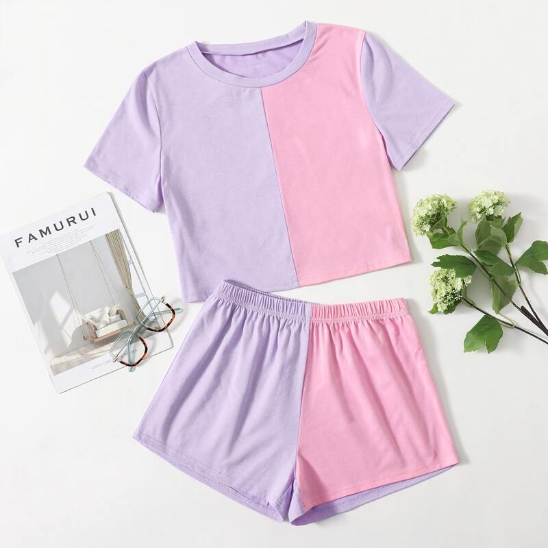 

Colorblock Tee & Shorts PJ Set, Multicolor