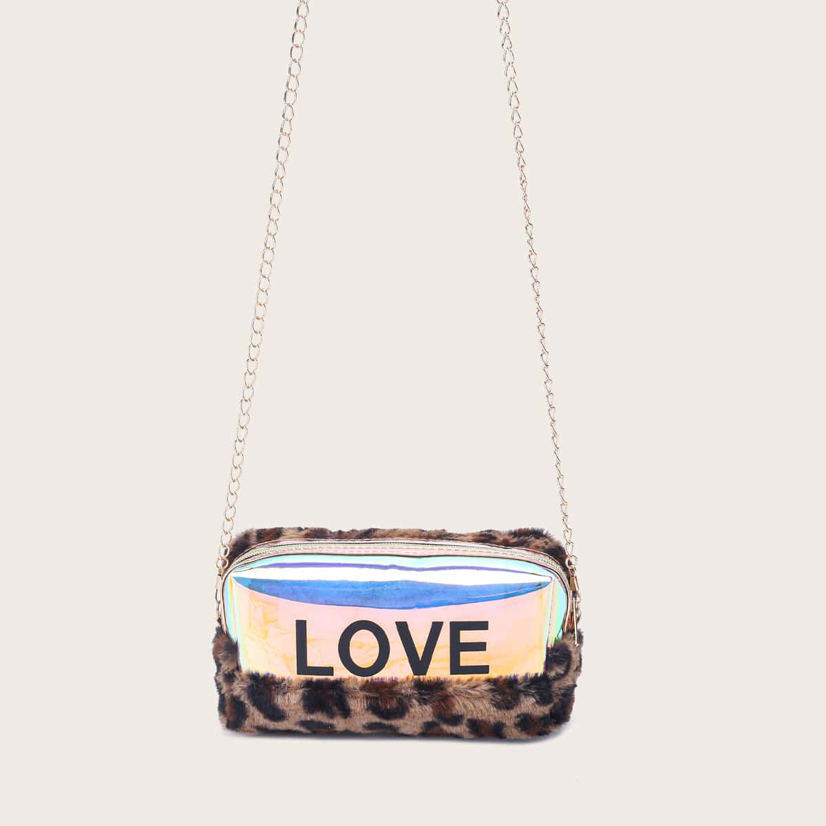 

Holographic Detail Leopard Fluffy Chain Bag, Multicolor
