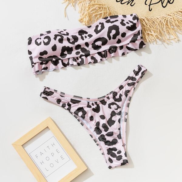 

Leopard Ruffle Hem Bandeau Bikini Swimsuit, Multicolor
