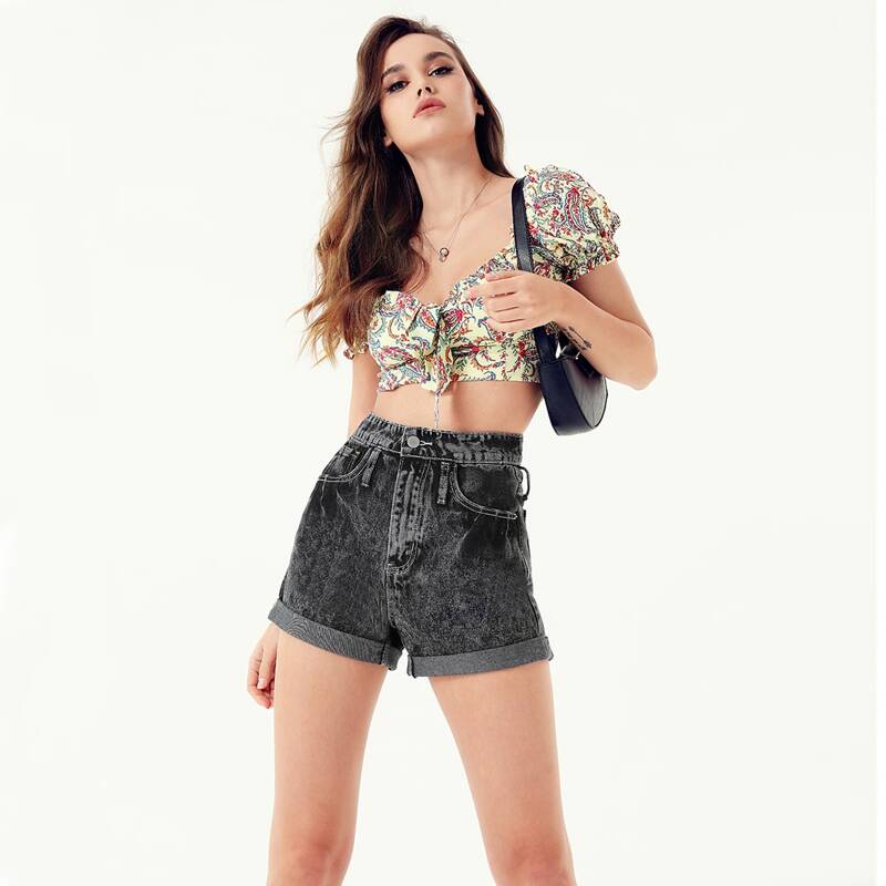 

Slant Pocket Roll Hem Denim Shorts, Dark grey