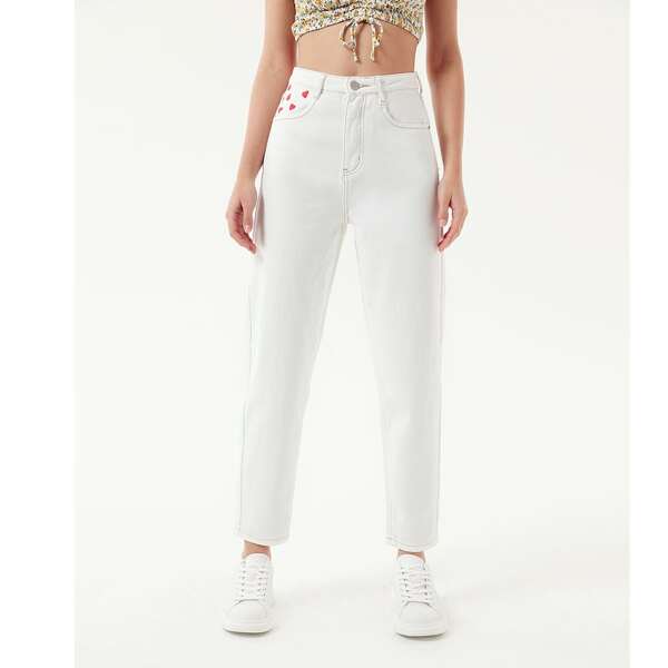 

High Waist Heart Print Mom Jeans, White