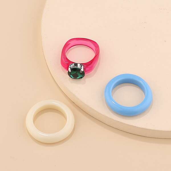 

3pcs Rhinestone Decor Ring, Multicolor