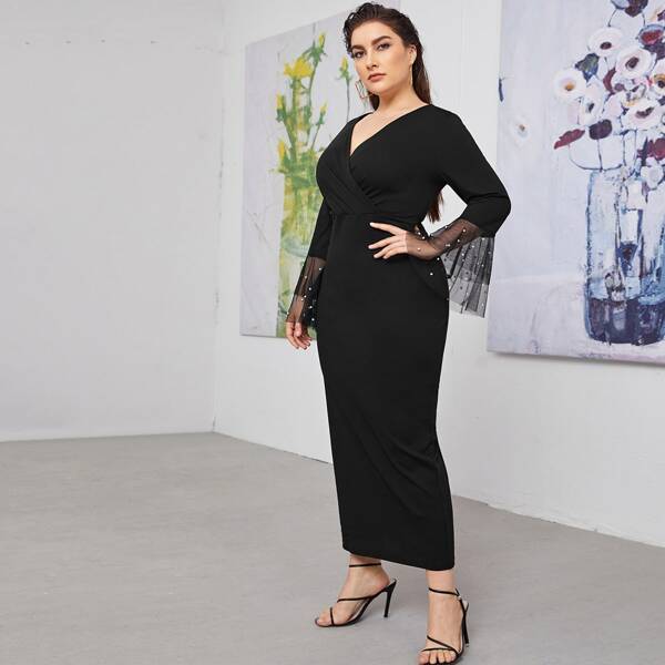 

Plus Surplice Neck Contrast Mesh Pearls Detail Fitted Dress, Black