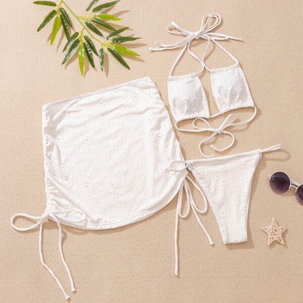 

3pack Halter Schiffy Bikini Swimsuit & Beach Skirt, White