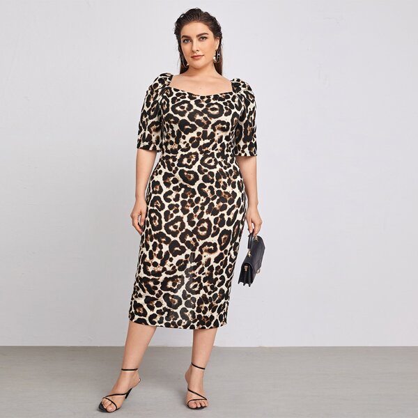 

Plus Leopard Print Sweetheart Neck Split Hem Fitted Dress, Multicolor
