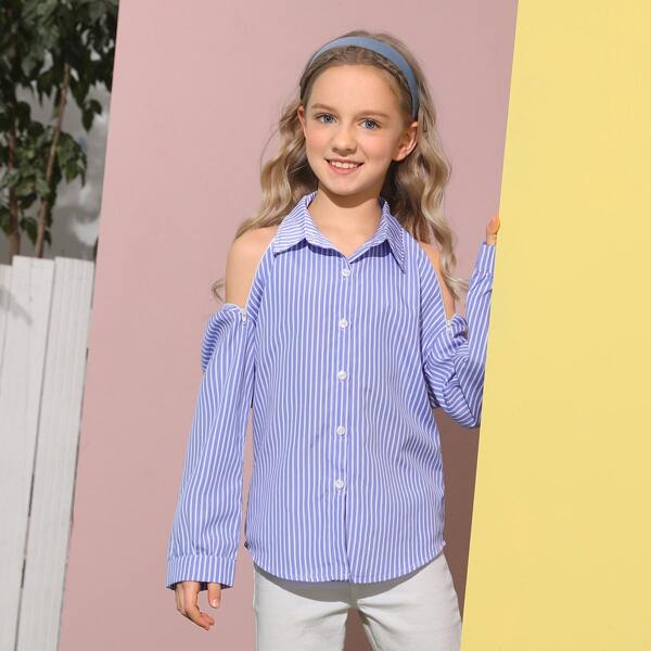 

Girls Zip Detail Striped Blouse, Blue and white