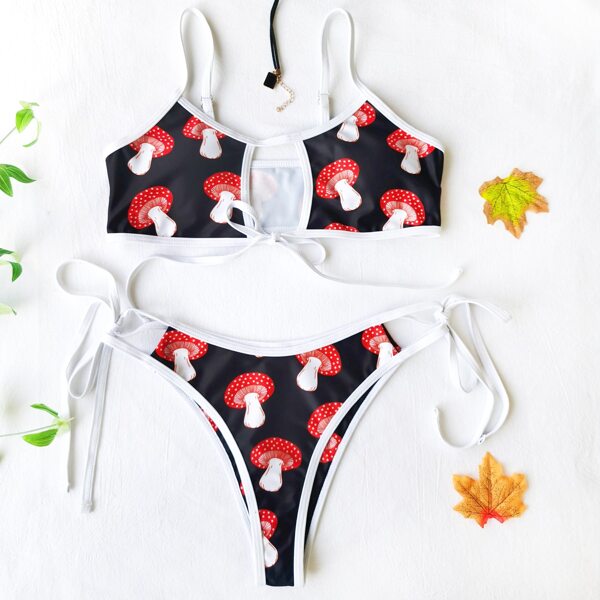 

Mushroom Print Cut-out Tie Side Bikini Swimsuit, Multicolor