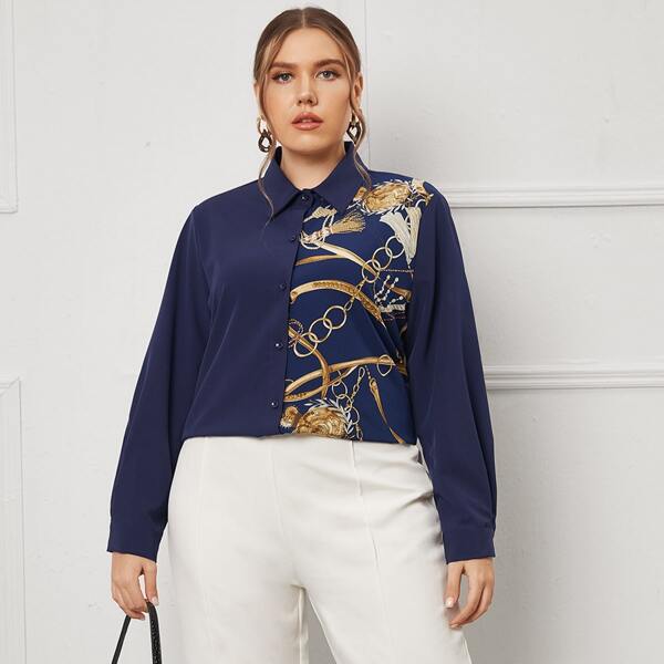 

Plus Chain Print Button Up Blouse, Multicolor