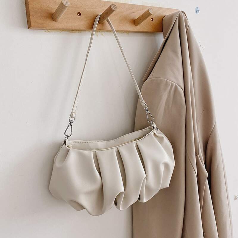 

Solid Ruched Baguette Bag, Beige