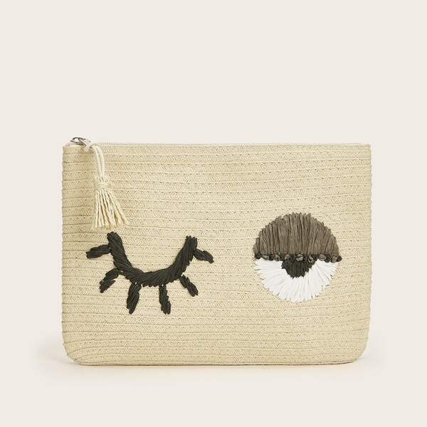 

Cartoon Graphic Straw Clutch Bag, Beige