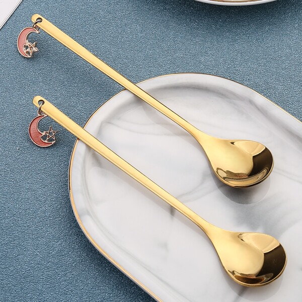 

2pcs Spoon With Moon Pendant, Pink