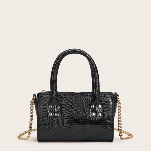 

Lizard Embossed Boston Bag, Black