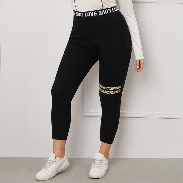 

Plus Leopard Print Letter Tape Waist Leggings, Black