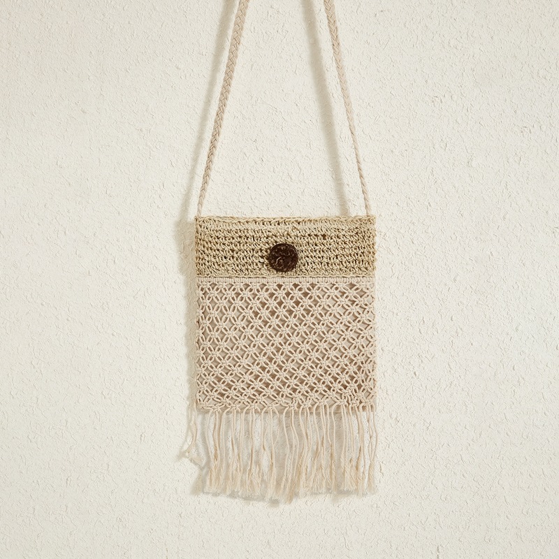 

Fringe Hem Crochet Crossbody Bag, Beige