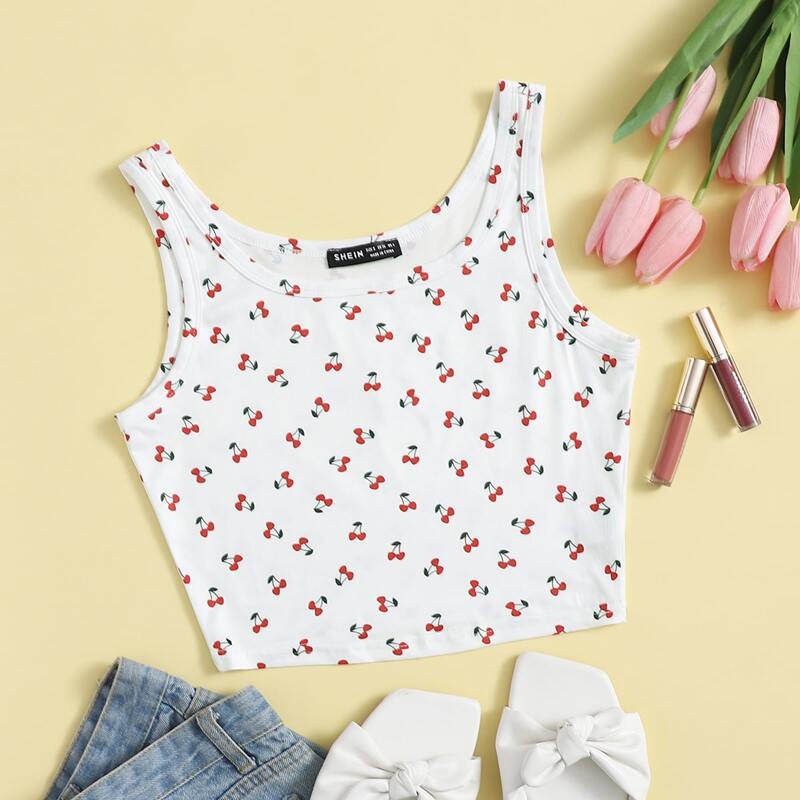 

Cherry Print Crop Tank Top, White