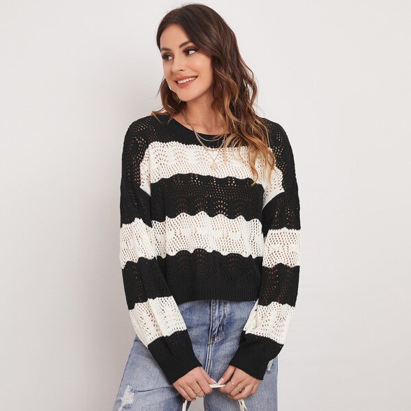 

Drop Shoulder Color Block Open Knit Sweater, Black and white