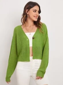Drop Shoulder Single Button Cardigan - Lime Green - View 1