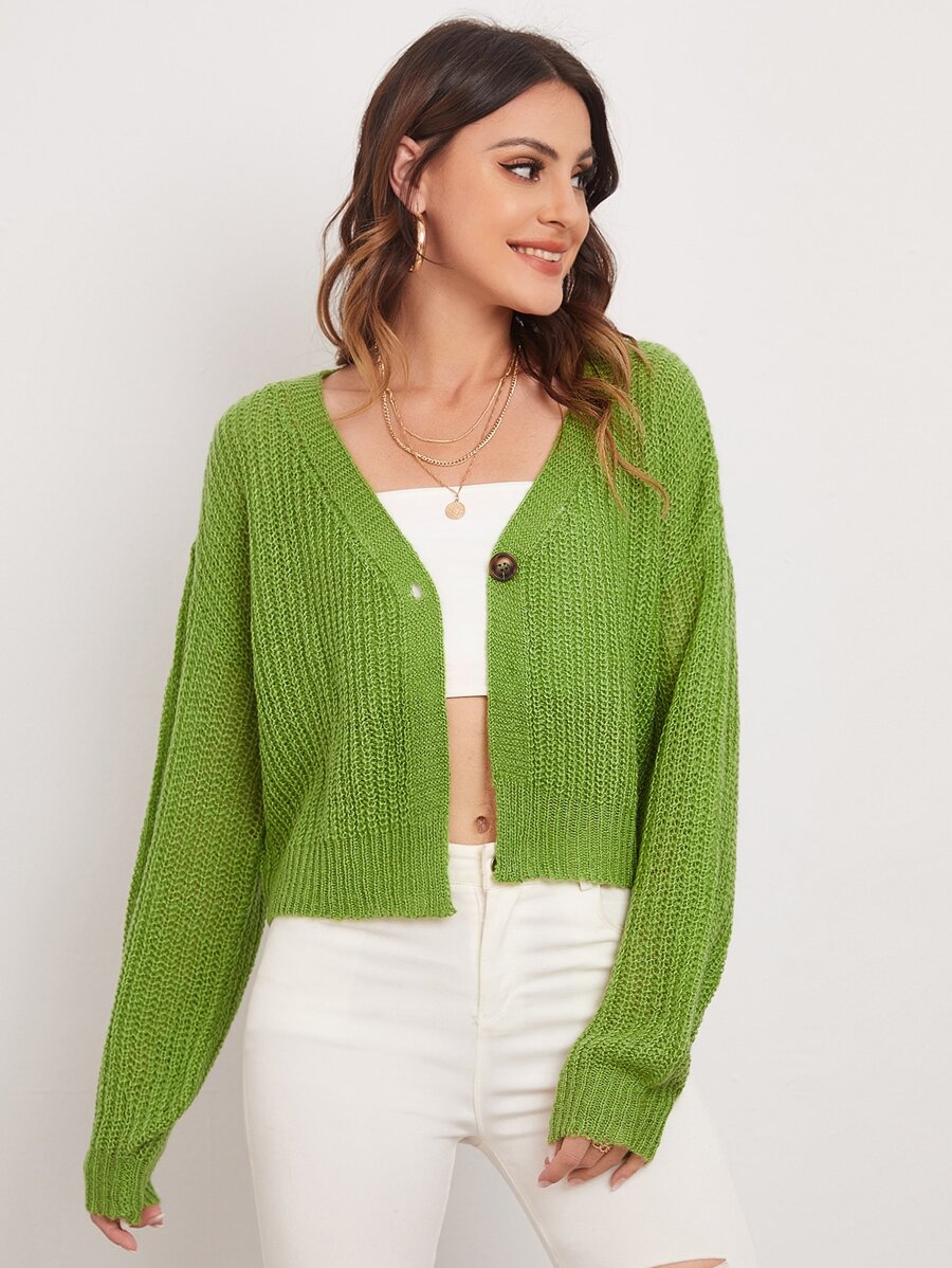 Drop Shoulder Single Button Cardigan - Lime Green - View 1