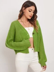 Drop Shoulder Single Button Cardigan - Lime Green - View 4
