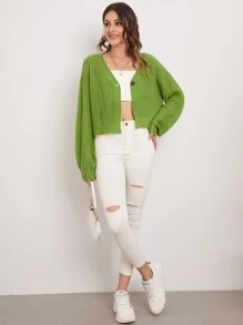 Drop Shoulder Single Button Cardigan - Lime Green - View 5