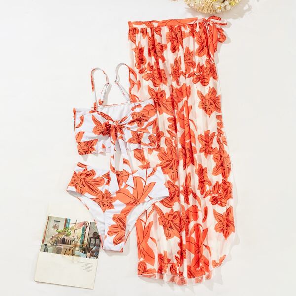 

3pack Floral Graphic Knot Front Bikini Swimsuit & Beach Skirt, Multicolor