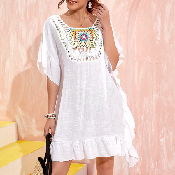 

Ruffle Hem Crochet Insert Cover Up, White