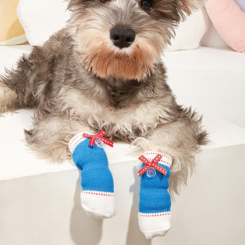 

4pcs Bow Decor Pet Socks, Blue