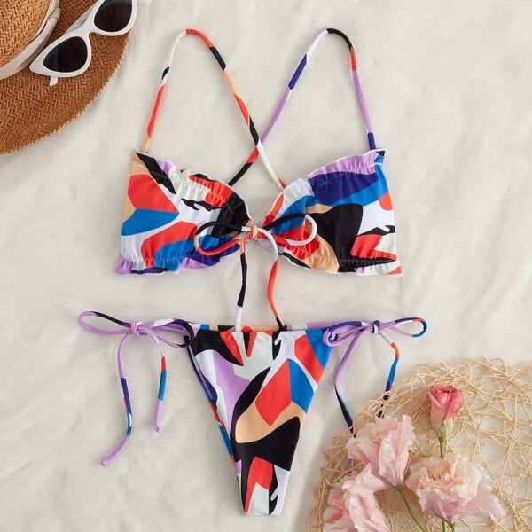 

Colorblock Lettuce Trim Thong Bikini Swimsuit, Multicolor