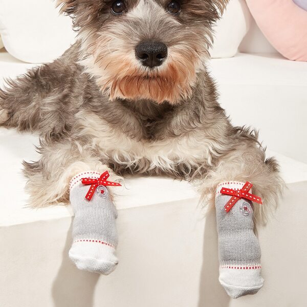

4pcs Bow Decor Pet Socks, Grey