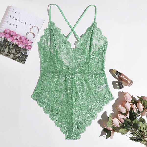 

Plus Floral Lace Scalloped Trim Teddy Bodysuit, Green