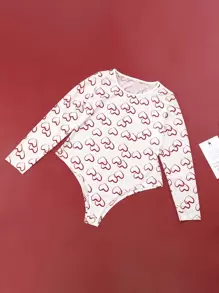 Plus Heart Print Mesh Teddy Bodysuit - White - View 1