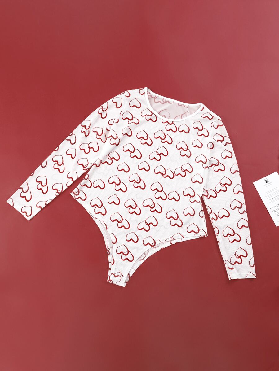 Plus Heart Print Mesh Teddy Bodysuit - White - View 1
