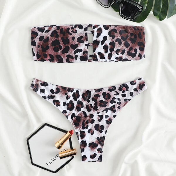 

Leopard Cut-out Bandeau Bikini Swimsuit, Multicolor