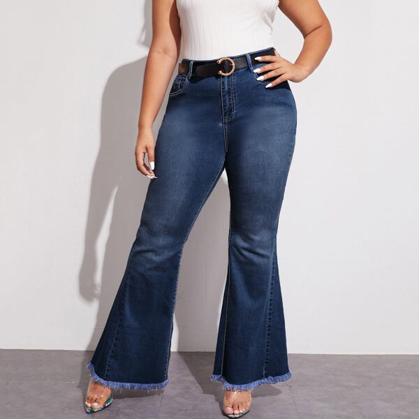 

Plus Raw Hem Flare Leg Jeans Without Belt, Dark wash