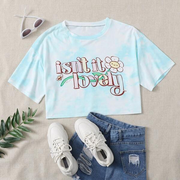 

Plus Letter & Floral Print Crop Tee, Multicolor