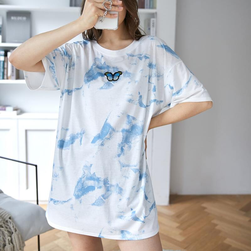 

Tie Dye Butterfly Embroidery Tee Dress, Blue and white
