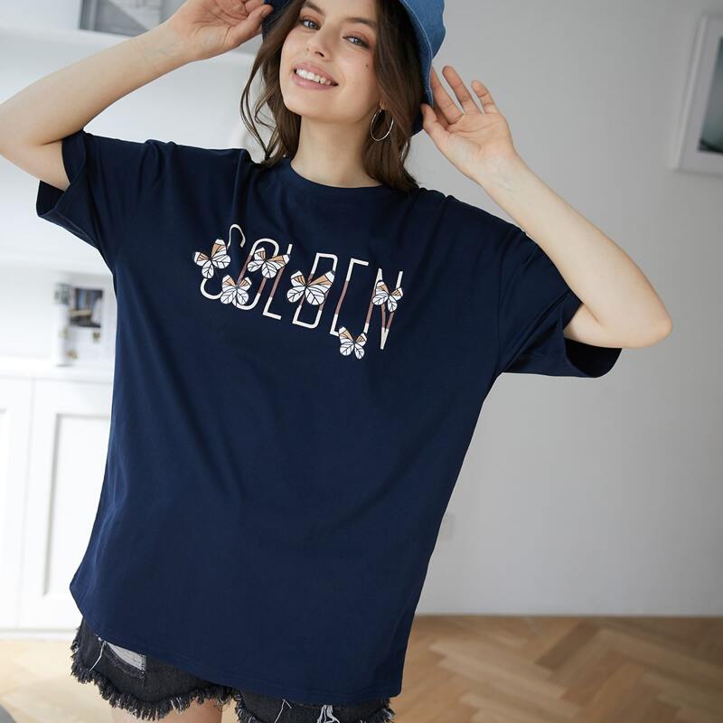 

Letter Butterfly Graphic Oversized Tee, Navy blue