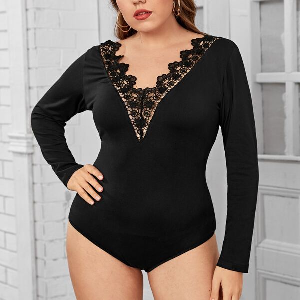 

Plus Solid Lace Trimed Tee Bodysuit, Black