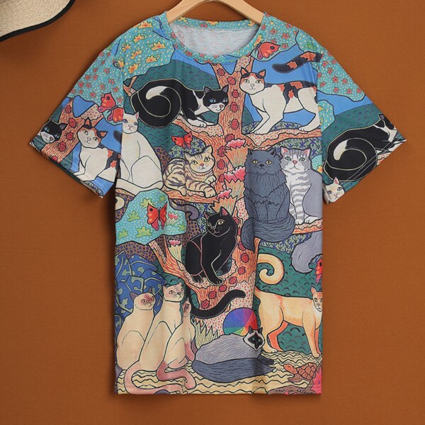 

Plus Cat Print Short Sleeve Tee, Multicolor